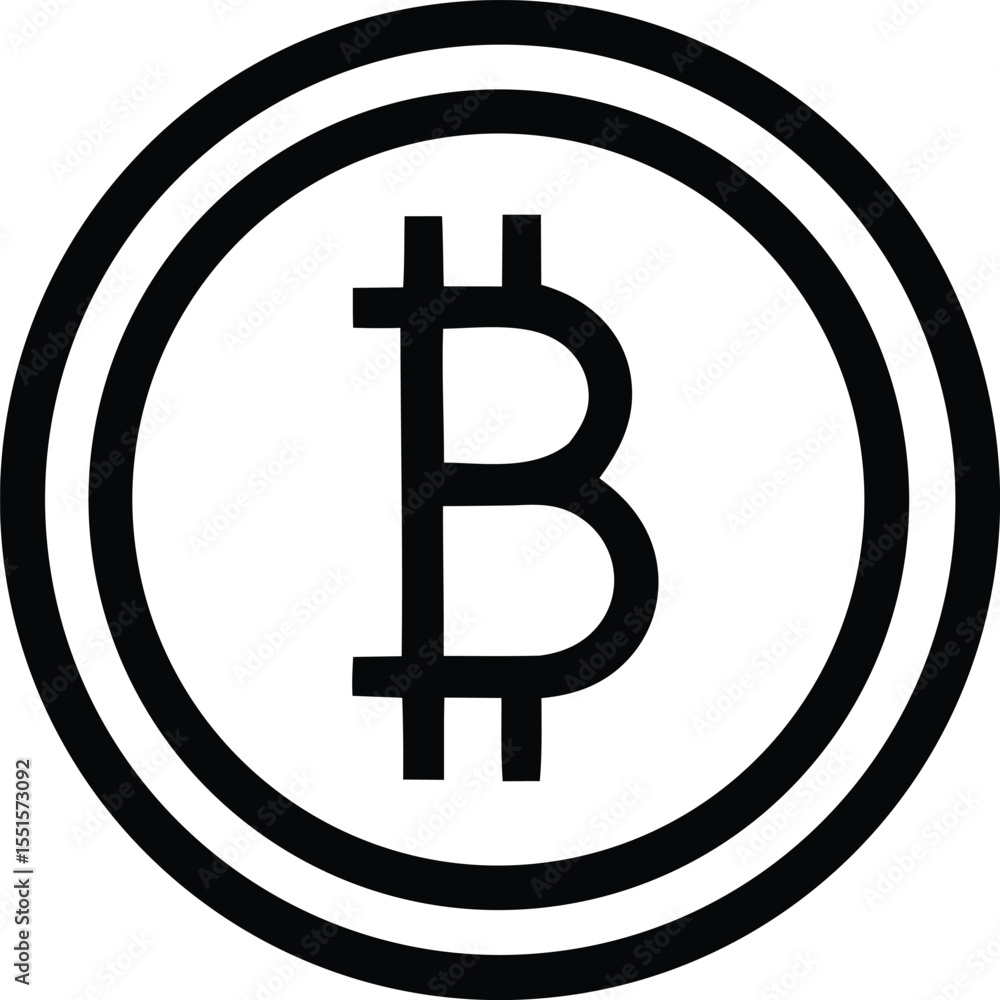 Poster simple black and white graphic icon representing the bitcoin cryptocurrency symbol within concentric