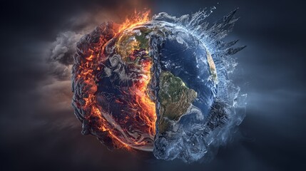 A dramatic split-image of the Earth, showing the stark contrast between the impact of global warming and the benefits of a sustainable future