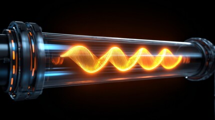 Sleek transparent cylindrical tube with metallic-ringed ends, featuring glowing neon-orange wavy DNA-like double-helix structure, set against dark gradient black background