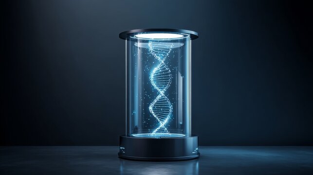 Glowing blue DNA double-helix structure in a tall transparent glass cylinder with metallic base, digital holographic light points, dark blue background, futuristic high-tech atmosphere.