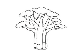 Africa tree drawing. A vector sketch line art drawing of an iconic African tree, likely a baobab, characterized by thick trunk and distinctive, spreading branches. Vector sketch line art draw.