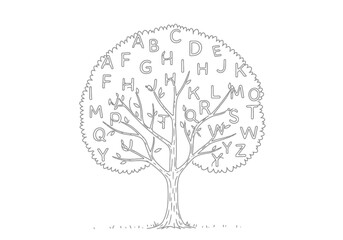 Obraz premium Alphabet tree drawing. It is a vector sketch line art drawing of an alphabet tree, featuring letters of the English alphabet within its foliage. Vector sketch line art draw.