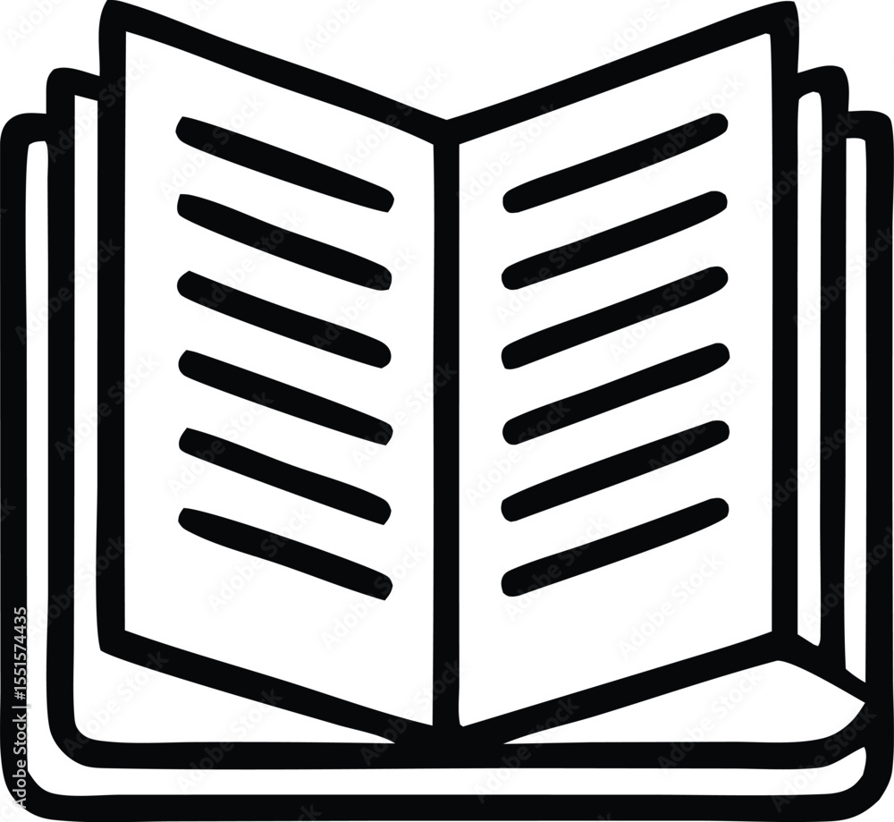 Poster simple black and white line drawing icon of an open book with visible pages and text lines