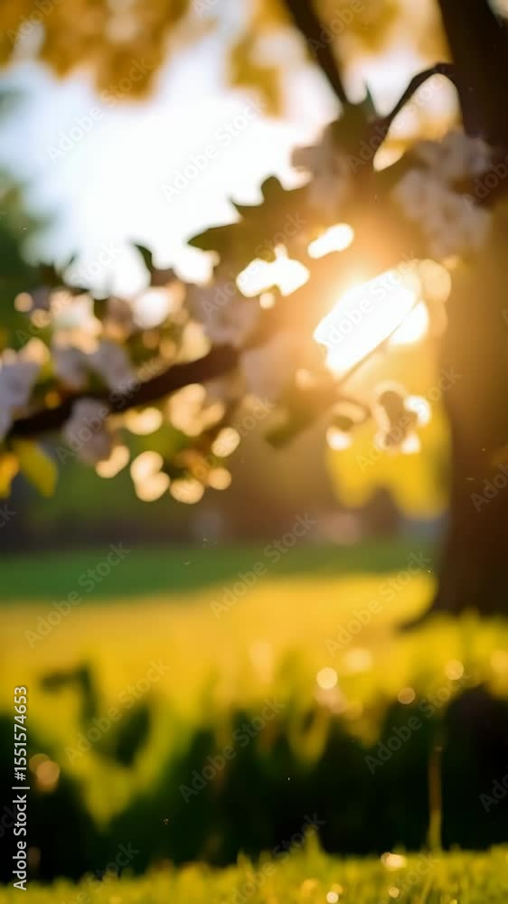 Poster springtime scene featuring white blossoms on a tree branch with sunlight filtering through a lush gr