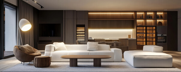 Modern and stylish living room featuring unique furniture, cozy atmosphere, and elegant lighting. space combines comfort and sophistication, perfect for relaxation and social gatherings