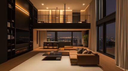 Breathtaking modern living room with floating balcony, featuring large windows, elegant furniture, and cozy atmosphere, perfect for relaxation and entertainment