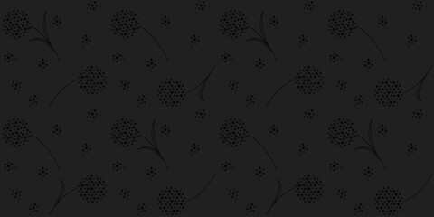 Black background of abstract dandelions made of small circles. Airy endless texture with dark floral ornament. Vector seamless pattern for wrapping paper, packaging, giftwrap, surface texture or print