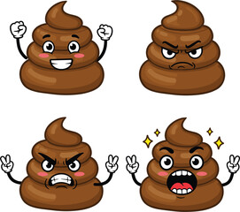 Funny Poop Emoji Character Set with Various Emotions, Cute Happy Angry Scared Poop Illustrations for Humorous or Toilet-Related Designs