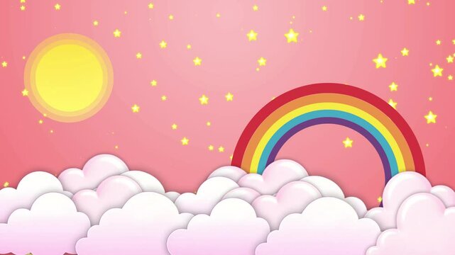 Bright Cartoon Sky Background with Sun, Rainbow, Sparkling Stars, and Fluffy Clouds  Cheerful Animated Loop