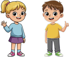Happy Diverse Little Boy and Girl Waving and Giving Thumbs Up, Cheerful Smiling Kids Expressing Approval and Friendly Greetings Illustration"