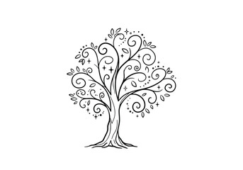 Obraz premium Magic tree drawing. It is a vector sketch line art drawing of a whimsical tree with swirling branches and sparkling details, symbolizing enchantment and wonder. Vector sketch line art draw.