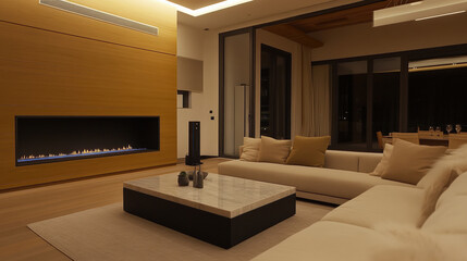Chic and sophisticated modern living room featuring cozy sofa, elegant coffee table, and stylish fireplace, creating warm and inviting atmosphere for relaxation