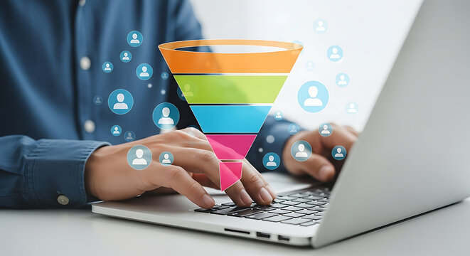 Businessman using a laptop with sales funnel and customer acquisition concept illustration