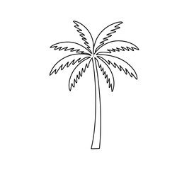 Palm tree drawing. It is a vector sketch line art drawing of a palm tree with characteristic fanned leaves, symbolizing tropical beaches and warm climates. Vector sketch line art draw.
