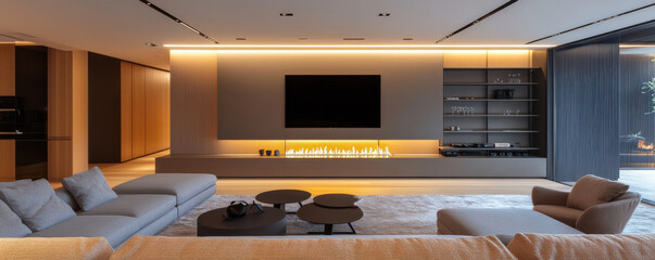 Modern chic contemporary home interior featuring stunning central fireplace, sleek furniture, and ambient lighting. space exudes warmth and sophistication, perfect for relaxation and entertainment