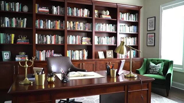 Elegant home office with bookshelves, desk, chair and study area