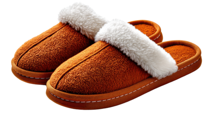 Cozy Comfort: A pair of plush, brown slippers with a soft, white interior, inviting relaxation and warmth within a comfortable home environment.