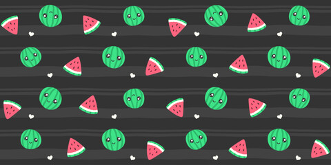 Green watermelon with a cute face, red watermelon slices and small hearts on a dark grey striped background. Cute endless texture with kawaii summer fruit. Vector seamless pattern for surface texture
