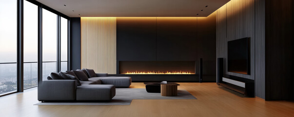 Modern villa interior features chic living room with sophisticated grey color palette, large windows, and cozy fireplace, creating warm and inviting atmosphere