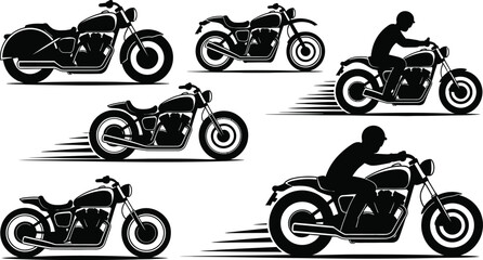 Naklejka premium Multiple motorcycle silhouette vector illustrations showing rider on road in various speed poses