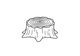 Tree stump drawing. It is a vector sketch line art drawing of a tree stump with visible growth rings, symbolizing forestry and the remnants of a cut tree. Vector sketch line art draw.