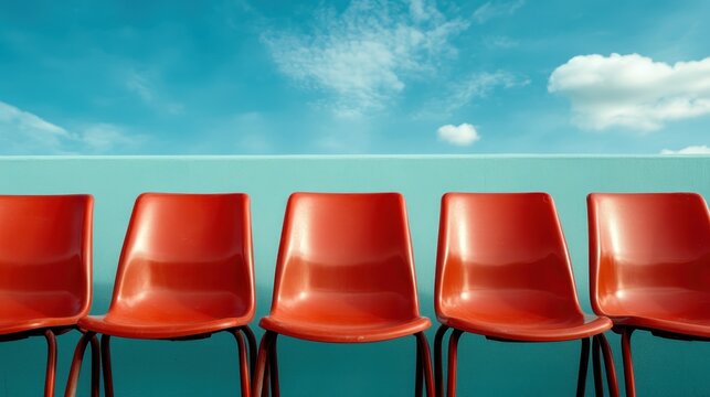 A striking row of simple red chairs against a backdrop of a bright blue sky with clouds evokes feelings of openness, freedom, and simplistic modern design aesthetics.