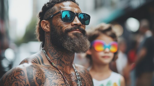 A striking portrait of a tattooed man wearing sunglasses, exuding confidence and strength, while a child nearby adds joy, symbolizing generational connection and fun.