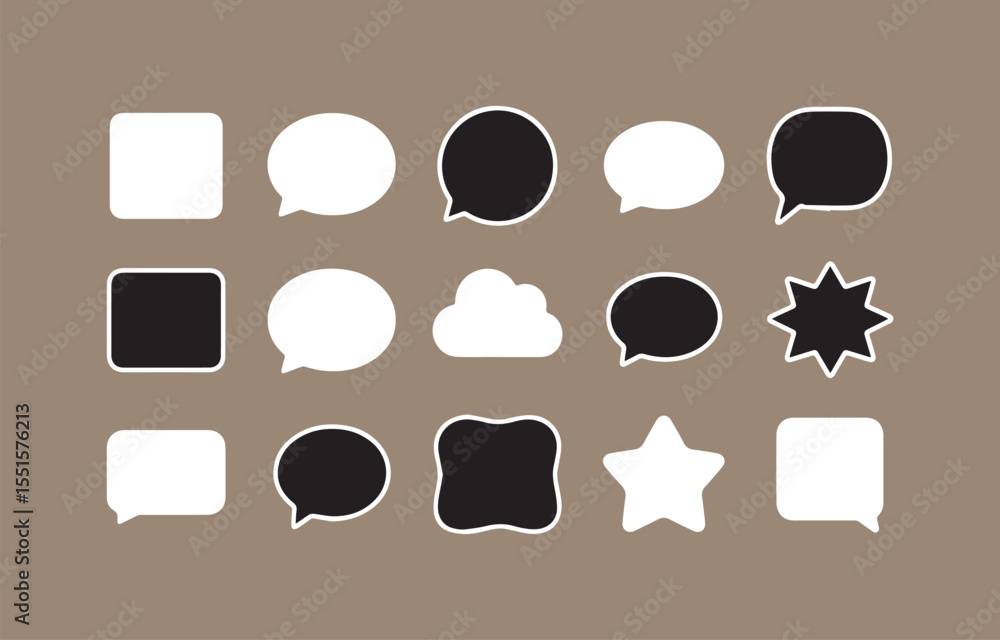 Poster assorted black and white speech bubble and shape icons with white outline on taupe background