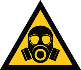 "Gas mask icon in black inside yellow triangle, warning of toxic gas or need for respiratory protection"