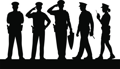 Full team of officer silhouettes standing in line with salute, shield and communication equipment