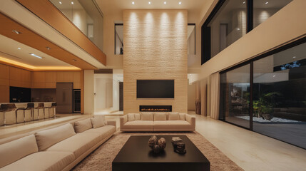 Contemporary luxury living room featuring two story ceiling, modern furniture, and large windows. space exudes elegance and comfort, perfect for relaxation and social gatherings