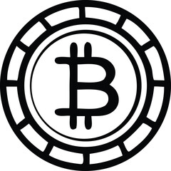 A bold black and white graphic illustration of the bitcoin cryptocurrency symbol rendered as a stylized coin with a prominent b