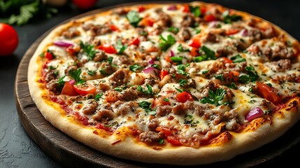Freshly Baked Pizza with Meat, Vegetables, and Cheesy Toppings on Wooden Board