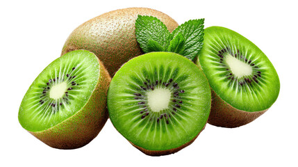 Fototapeta premium Kiwi Paradise: This image captures the refreshing allure of kiwi fruits. Showcasing both whole and sliced kiwis, it offers a glimpse into the vibrant green interior, enhanced by fresh green leaves.