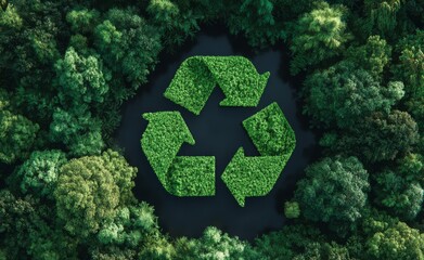 Surrounding a lake is a lush forest with a recycling symbol formed from green leaves, symbolizing sustainability and making it perfect for eco-friendly campaigns, conservation, green initiatives, and