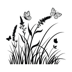 grass and flowers with butterflies vector silhouette 