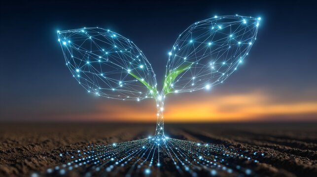 The intersection of nature and technology is depicted in this illustration, which illustrates how digital networks facilitate the development of sustainable agriculture and green energy programs that