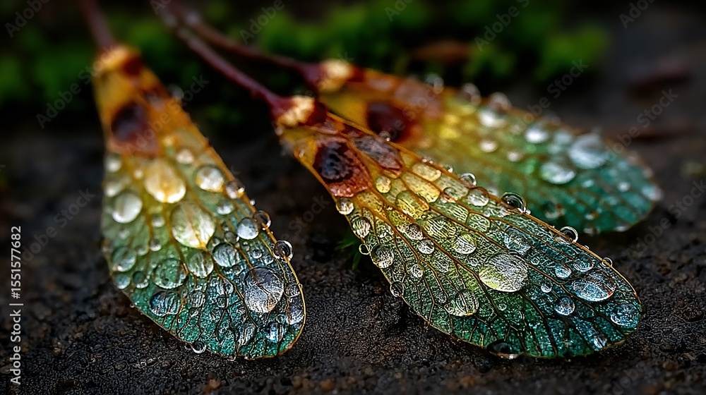 Aufkleber a macro image of a dew-drenched leaf with lush foliage in the background