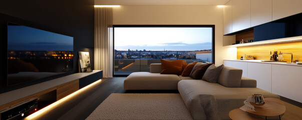 Cozy and inviting modern living room featuring sectional sofa, large window with city view, and stylish decor. warm lighting creates relaxing atmosphere perfect for unwinding