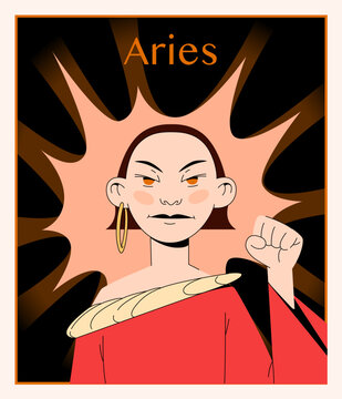 Vector illustration of Aries zodiac sign as a bold and confident young woman with fiery expression. Perfect for astrology, horoscope design, tarot cards, or mystical projects.