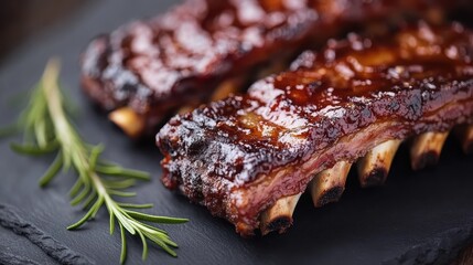Deliciously cooked barbecue ribs showcase a glossy glaze, highlighting their tender texture and flavor. A feast for lovers of hearty meals and grilled delights.