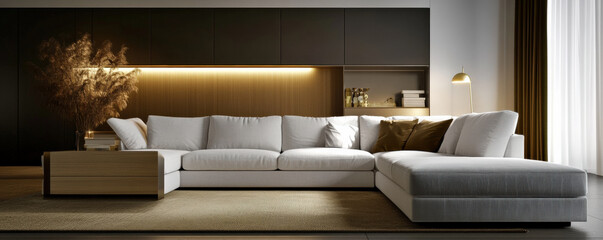 Cozy and refined modern living room featuring warm sectional sofa, elegant decor, and soft lighting that creates welcoming atmosphere. Perfect for relaxation and gatherings