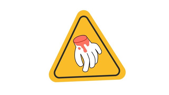 Do not touch the danger symbol in the cartoon animation. Risk of amputation warning sign. Crushing hazard alert icon. Halloween celebration caution. Alpha channel. Seamless looping.