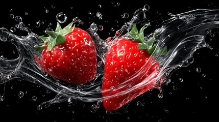The rejuvenating splash of luscious strawberries surrounded by tiny water droplets brings about a sense of freshness, perfect for representing summer delights and the sweetness found in nature