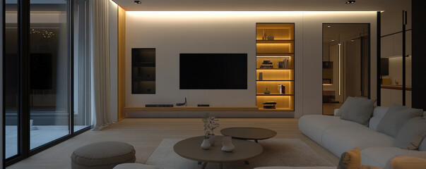 Cozy and sophisticated modern living room featuring soft lighting, minimalist design, and elegant furnishings. space exudes warmth and comfort, perfect for relaxation
