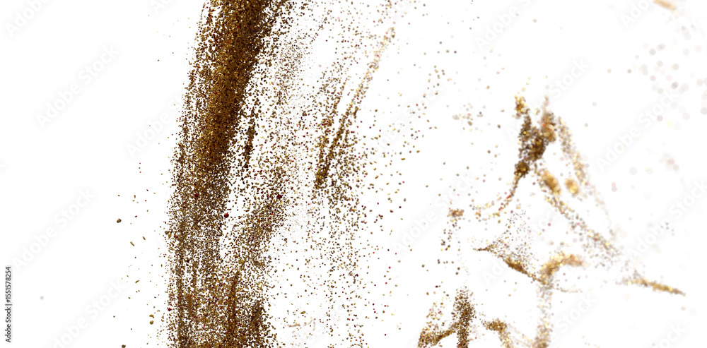 Poster Abstract image of gold glitter particles exploding and scattering on a white background. Perfect for backgrounds, textures, or design elements.