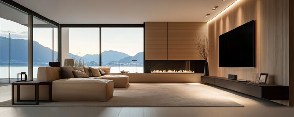 Cozy contemporary living room featuring built in fireplace, large windows with mountain views, and modern furniture. warm ambiance creates relaxing atmosphere