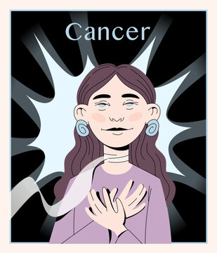 Vector illustration of Cancer zodiac sign as a dreamy and gentle woman with a soft gaze and lunar motifs. Perfect for astrology projects, tarot designs, and zodiac cards.