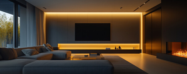 Modern villa interior features dark and cozy living room with sleek furniture, ambient lighting, and stylish TV setup. space exudes warm and inviting atmosphere, perfect for relaxation