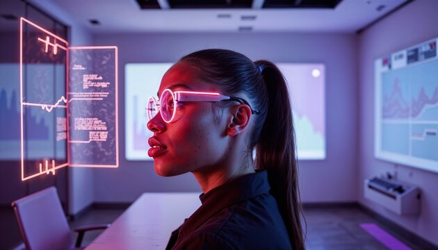 Woman wearing augmented reality glasses in modern office space  